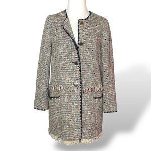 Zara Women Elongated Blazer Fringe Tweed Coat Jacket Size XS Multicolor Academia
